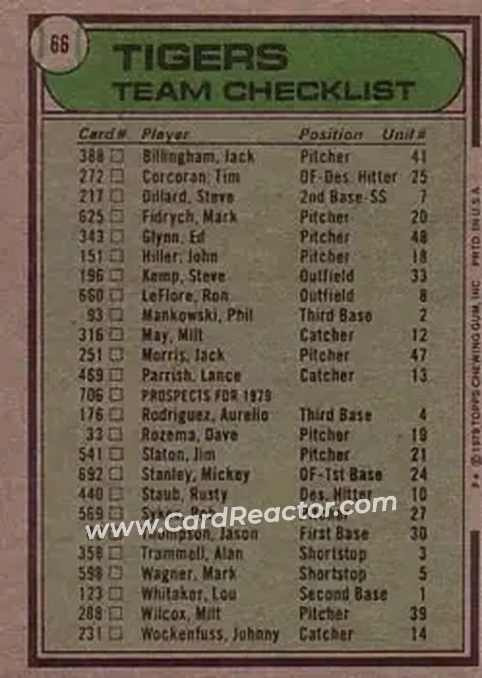 1979 Topps #66 - Card #66 - Detroit Tigers