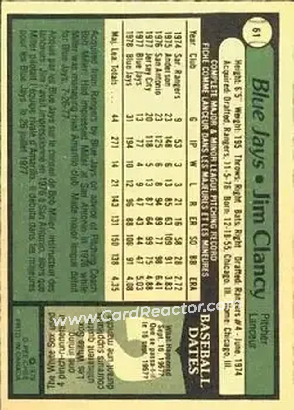 1979 O-Pee-Chee #61 - Jim Clancy - Toronto Blue Jays