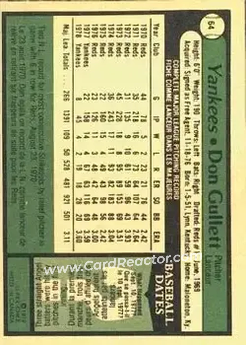 1979 O-Pee-Chee #64 - Don Gullett - New York Yankees