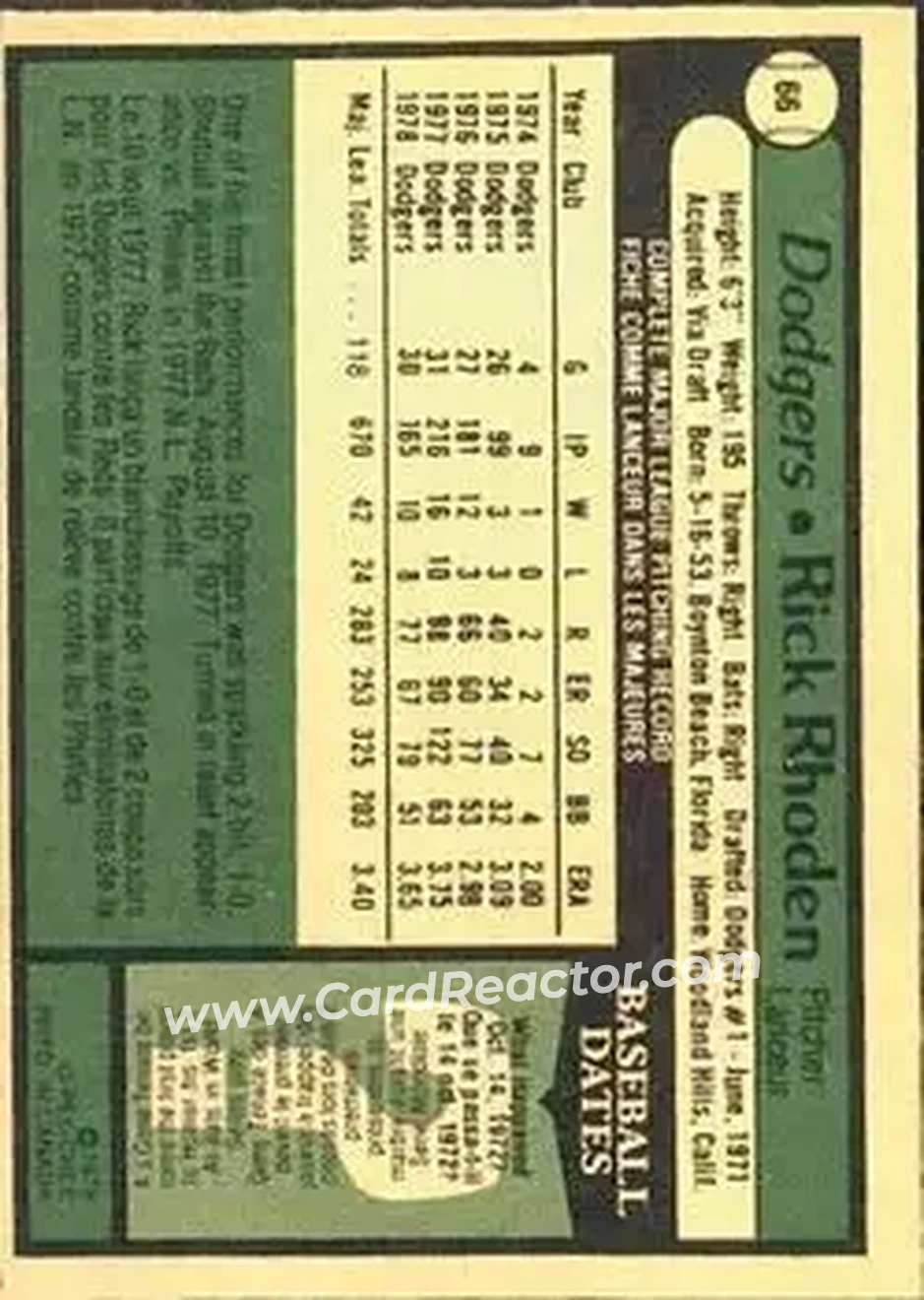 1979 O-Pee-Chee #66 - Rick Rhoden - Los Angeles Dodgers