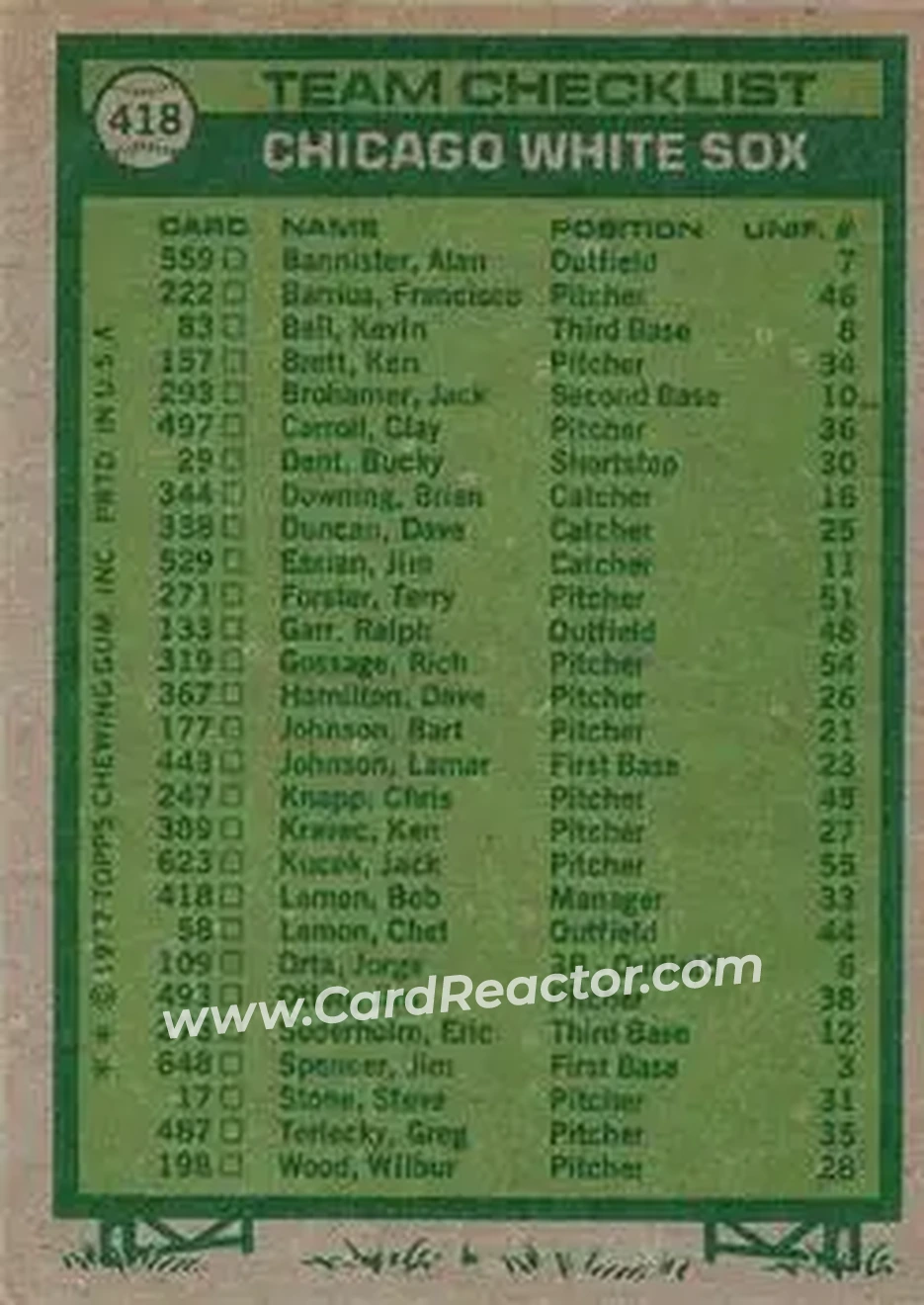 1977 Topps #418 - Card #418 - Chicago White Sox