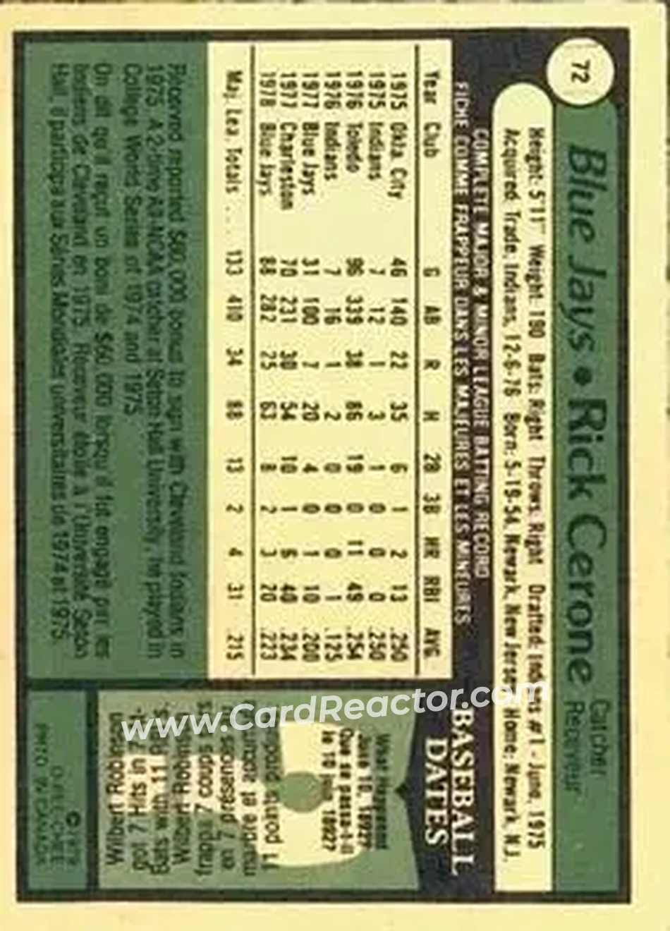1979 O-Pee-Chee #72 - Rick Cerone - Toronto Blue Jays