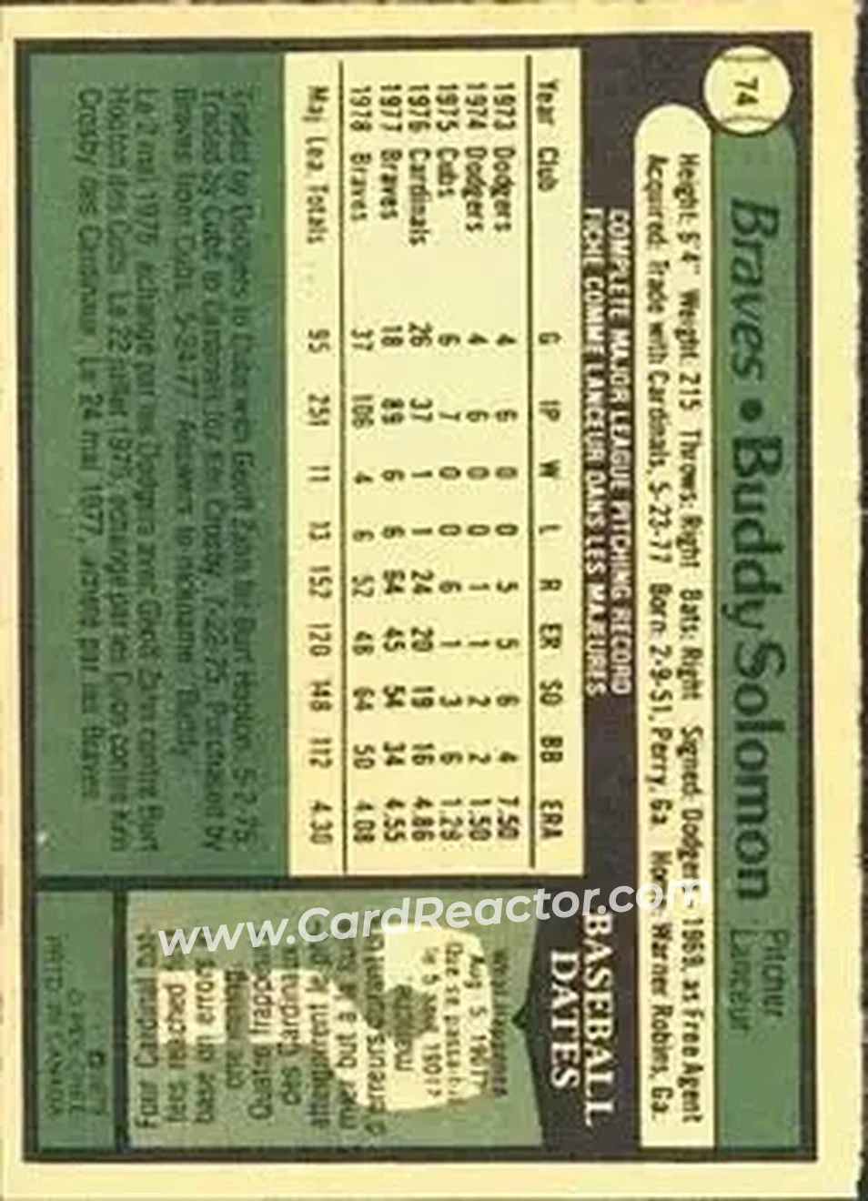 1979 O-Pee-Chee #74 - Buddy Solomon - Atlanta Braves