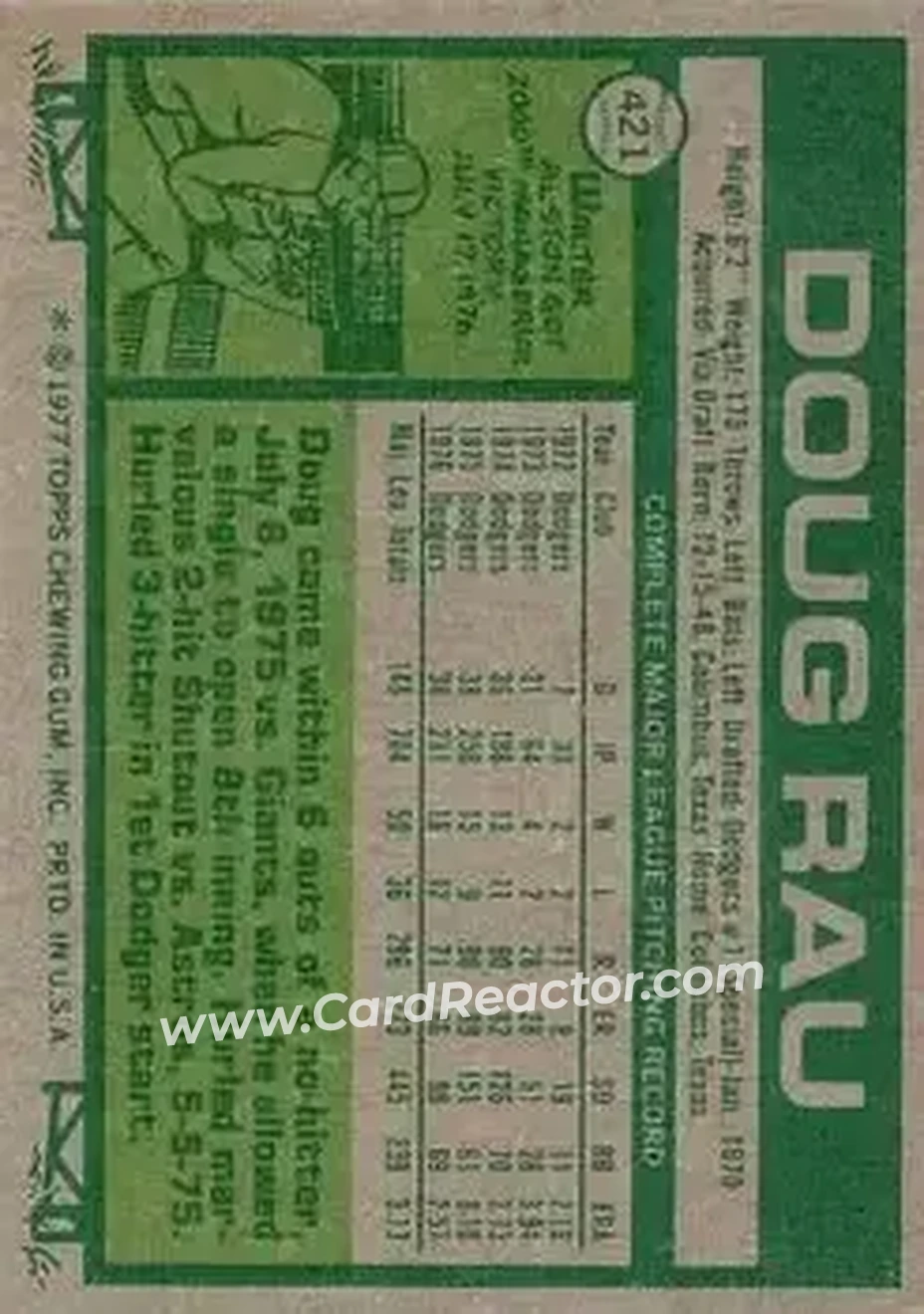 1977 Topps #421 - Doug Rau - Los Angeles Dodgers