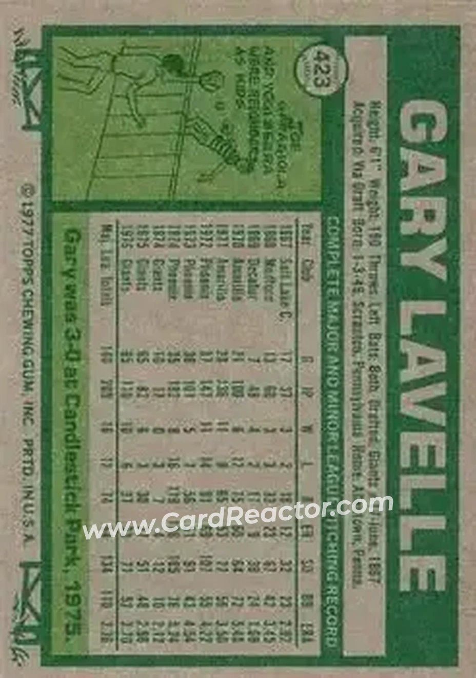 1977 Topps #423 - Gary Lavelle - San Francisco Giants 1977 Topps #423 - Gary Lavelle - San Francisco Giants