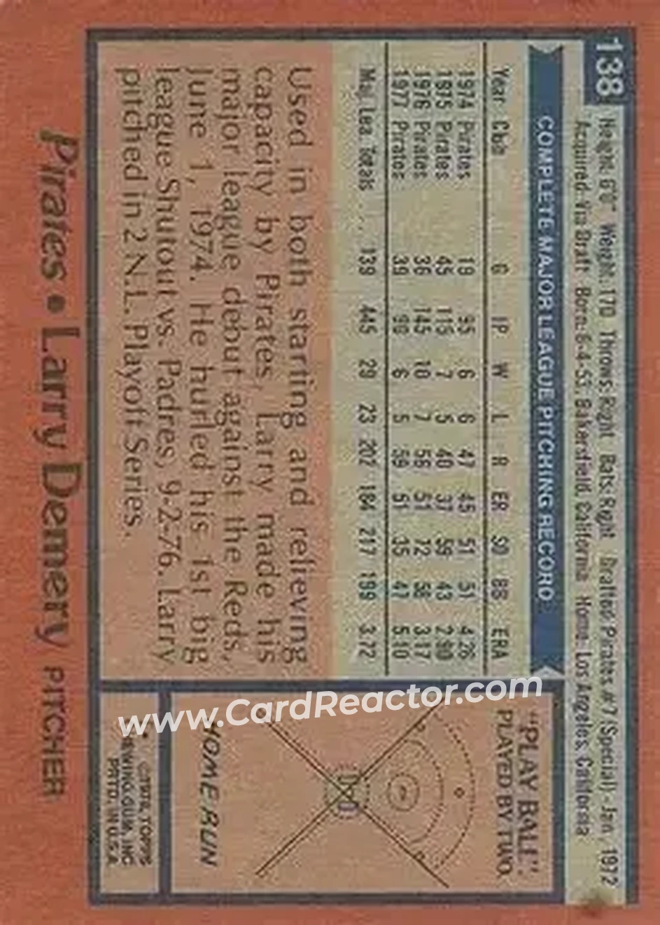 1978 Topps #138 - Larry Demery - Pittsburgh Pirates