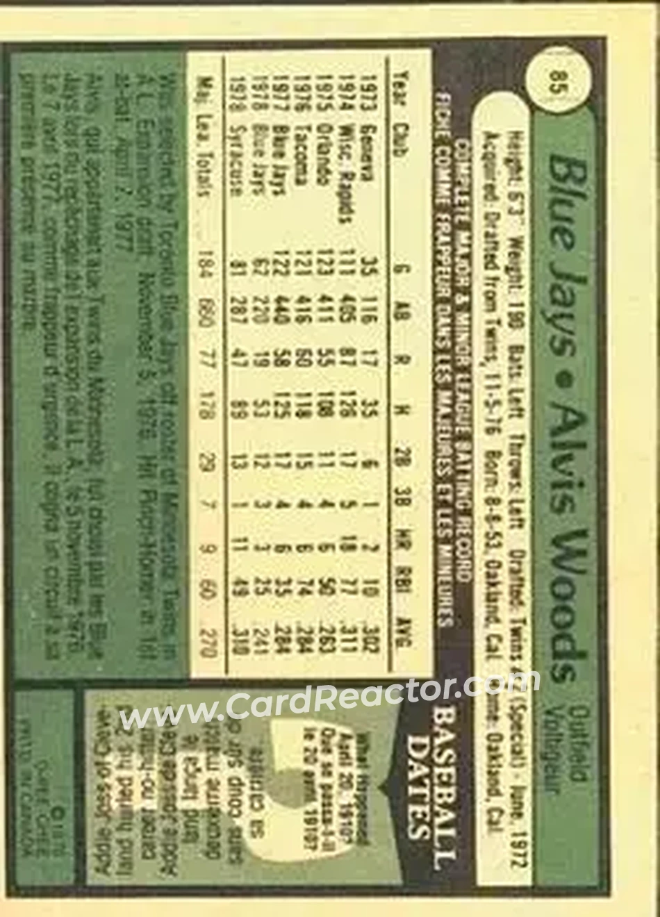 1979 O-Pee-Chee #85 - Alvis Woods - Toronto Blue Jays