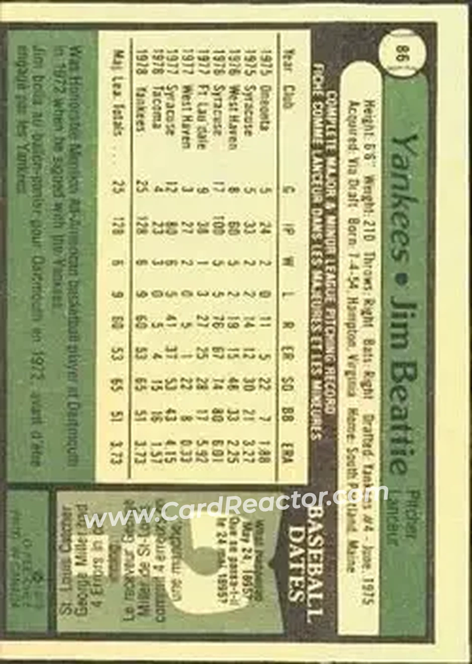 1979 O-Pee-Chee #86 - Jim Beattie - New York Yankees