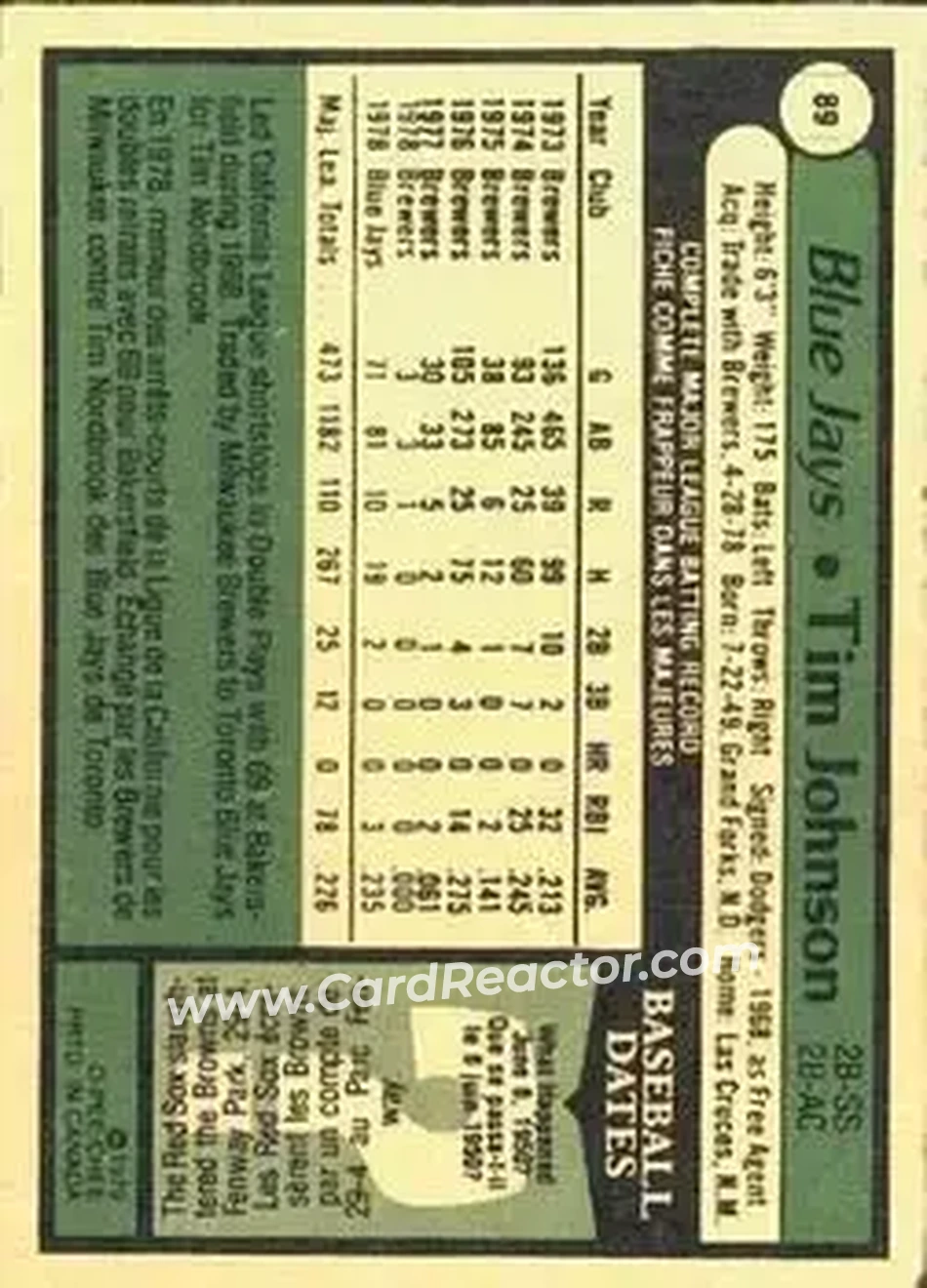 1979 O-Pee-Chee #89 - Tim Johnson - Toronto Blue Jays