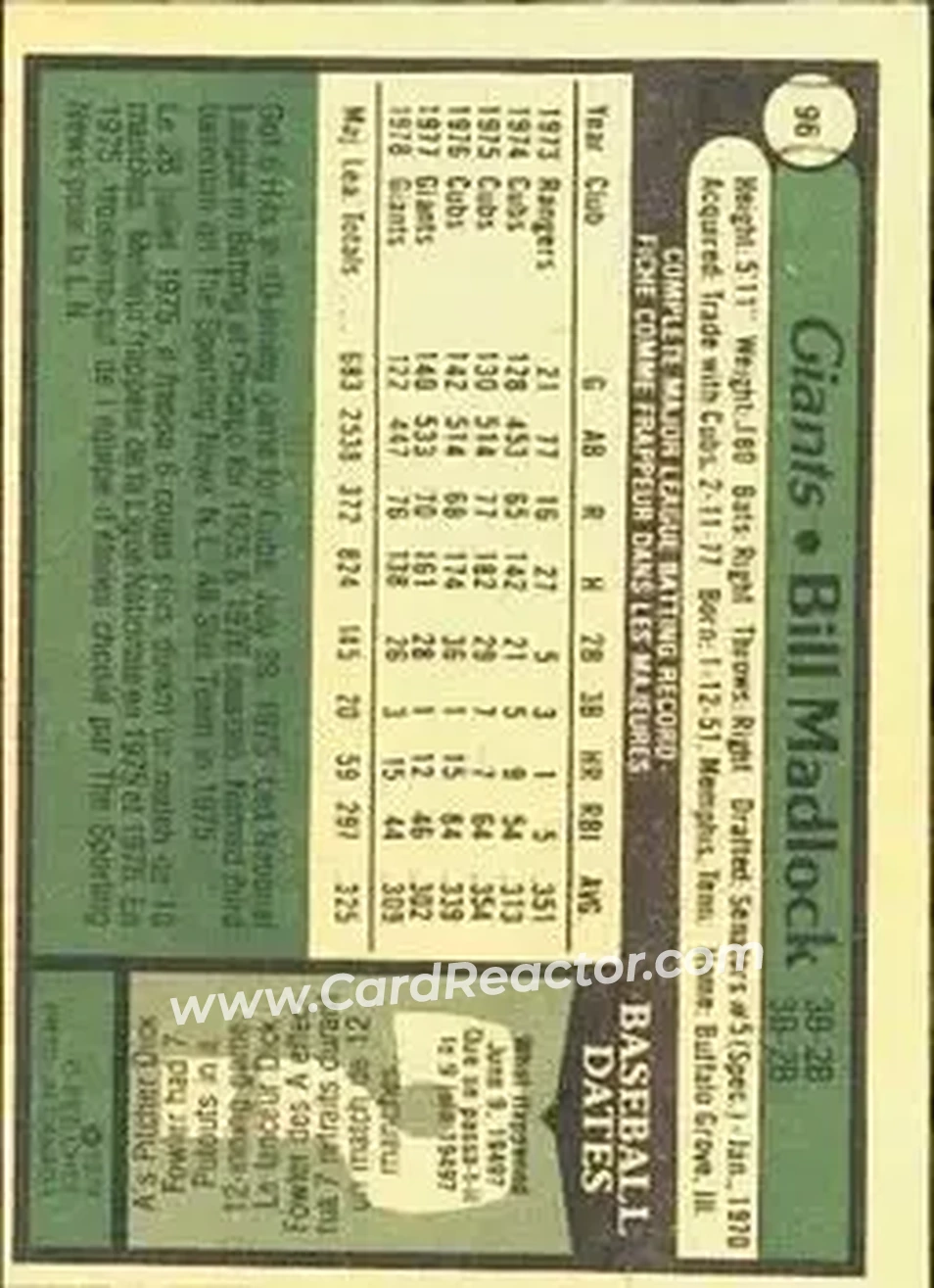 1979 O-Pee-Chee #96 - Bill Madlock - San Francisco Giants