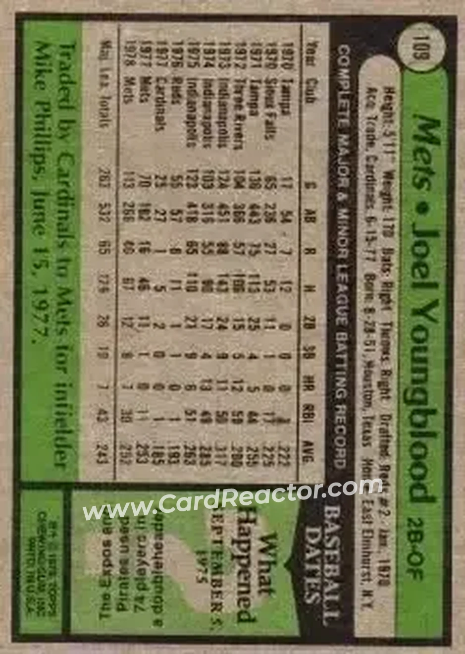 1979 Topps #109 - Joel Youngblood - New York Mets