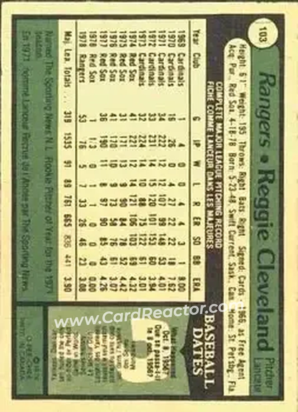 1979 O-Pee-Chee #103 - Reggie Cleveland - Texas Rangers