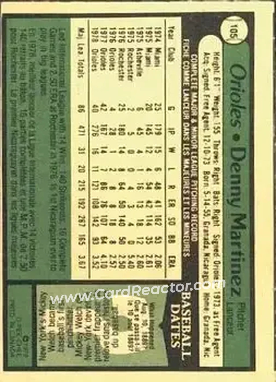 1979 O-Pee-Chee #105 - Denny Martinez - Baltimore Orioles