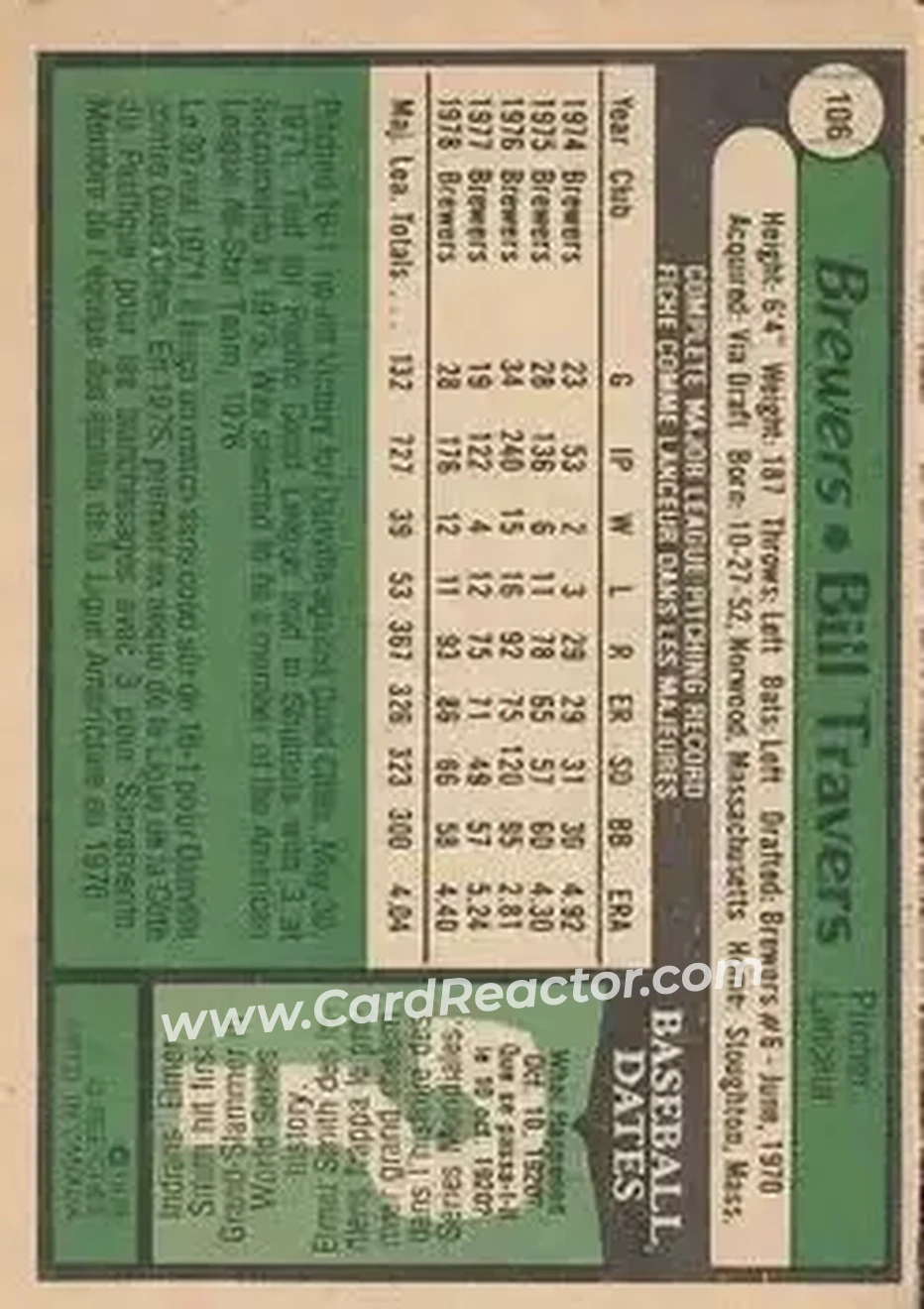 1979 O-Pee-Chee #106 - Bill Travers - Milwaukee Brewers