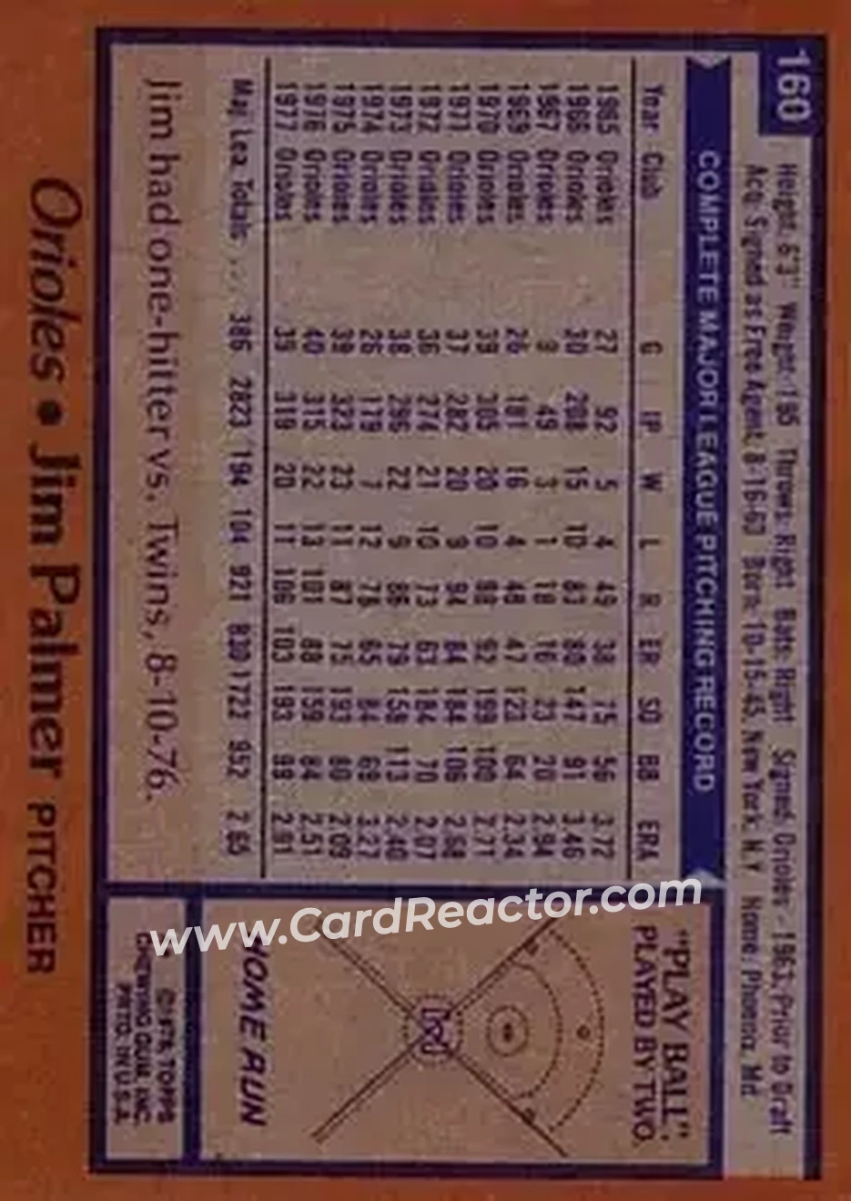 1978 Topps #160 - Jim Palmer - Baltimore Orioles