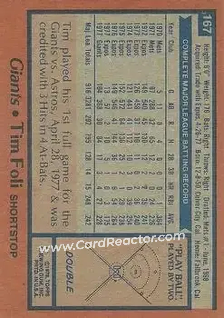 1978 Topps #167 - Tim Foli - San Francisco Giants