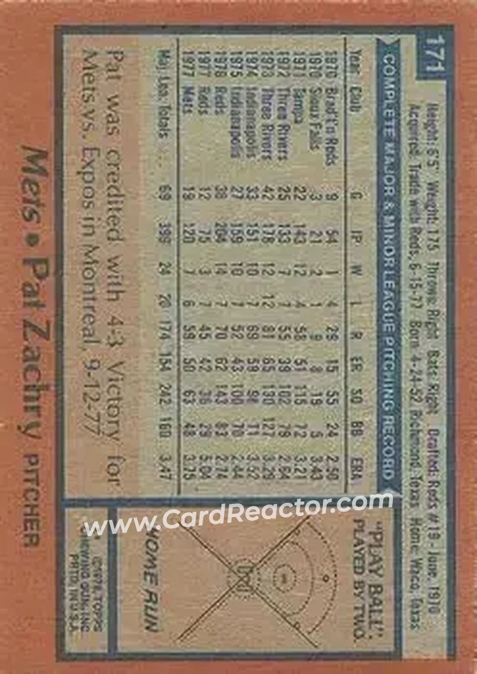 1978 Topps #171 - Pat Zachry - New York Mets