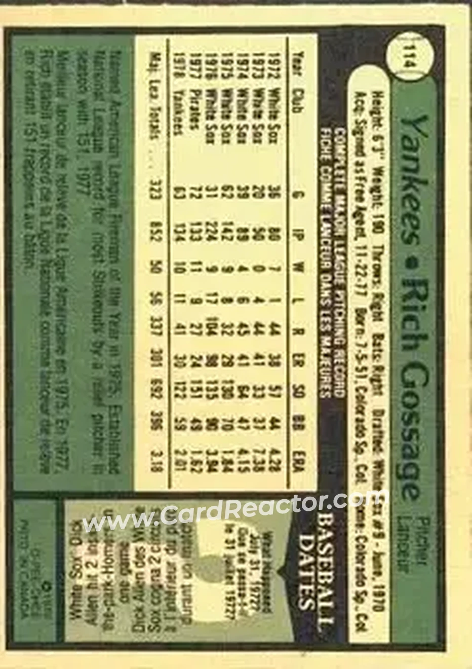 1979 O-Pee-Chee #114 - Rich Gossage - New York Yankees 1979 O-Pee-Chee #114 - Rich Gossage - New York Yankees