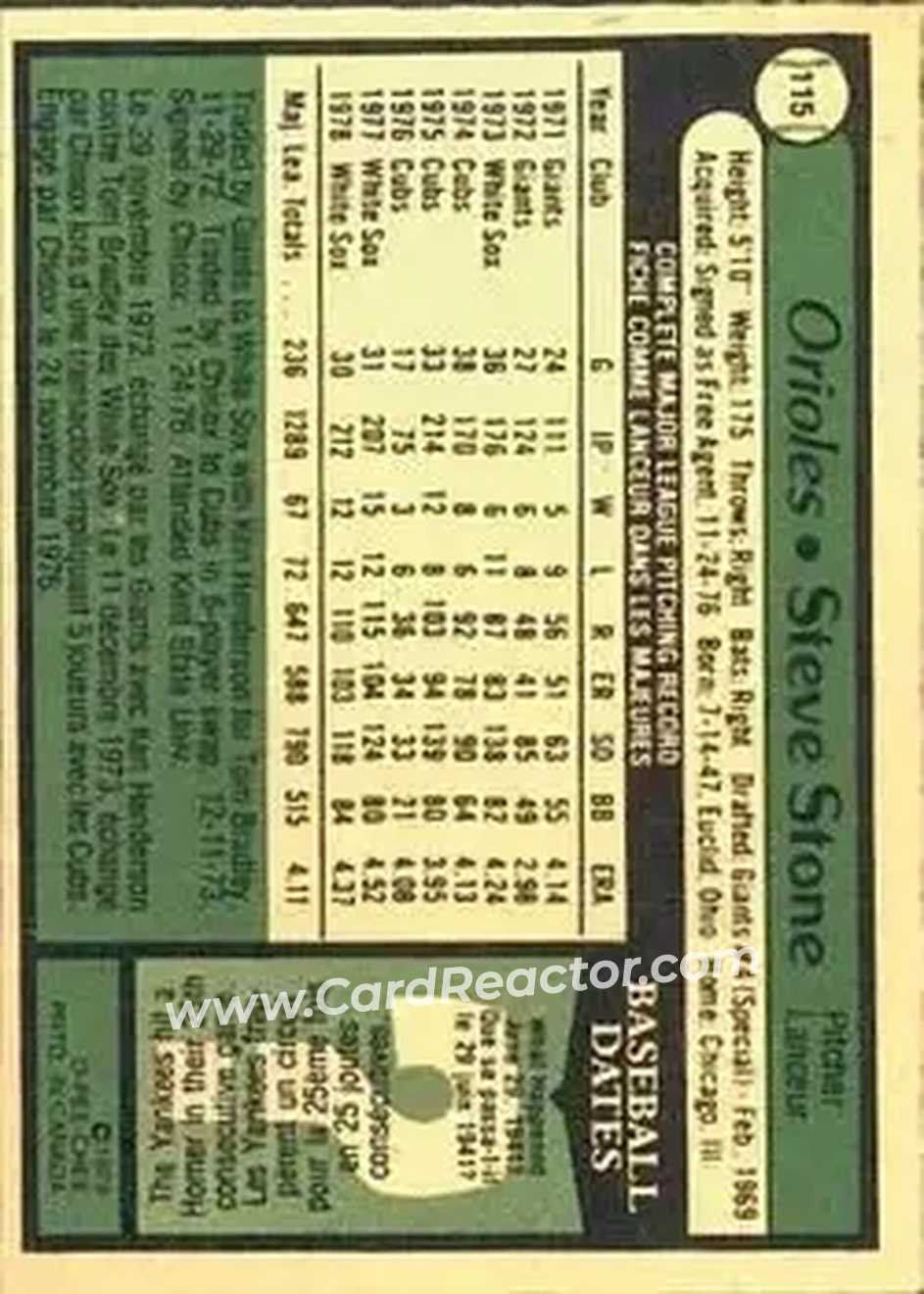 1979 O-Pee-Chee #115 - Steve Stone - Baltimore Orioles
