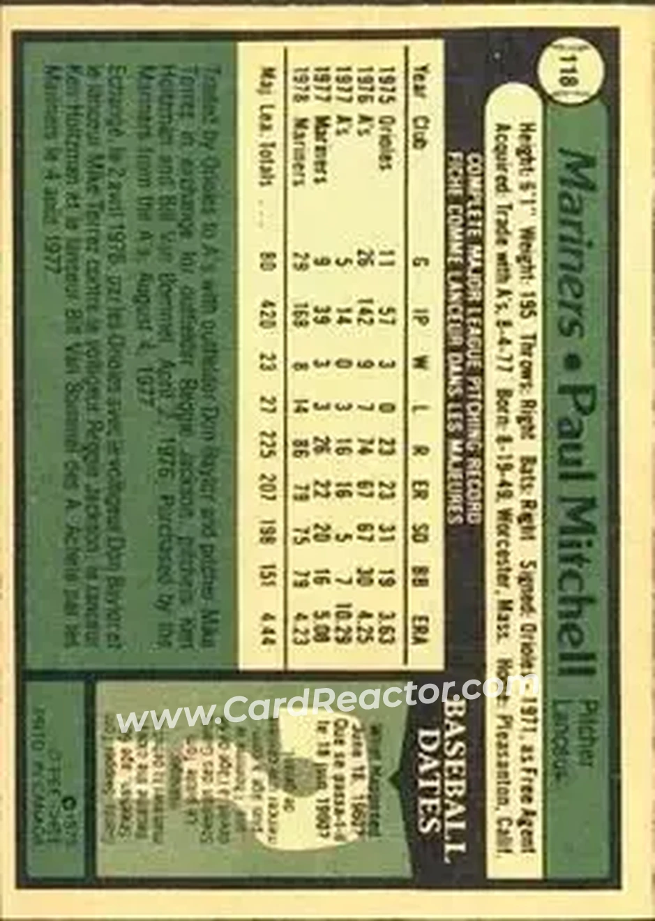1979 O-Pee-Chee #118 - Paul Mitchell - Seattle Mariners 1979 O-Pee-Chee #118 - Paul Mitchell - Seattle Mariners