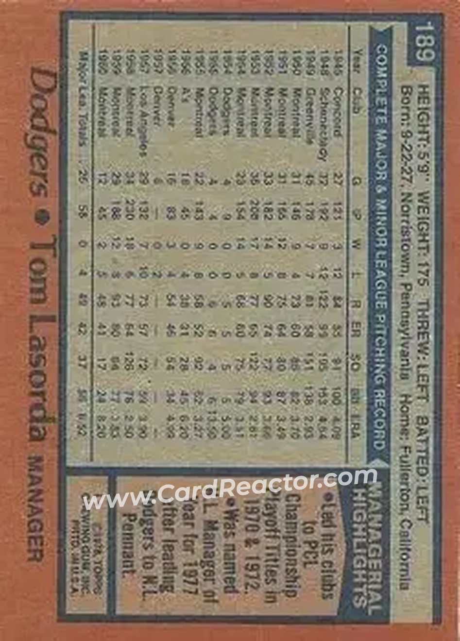 1978 Topps #189 - Tom Lasorda - Los Angeles Dodgers