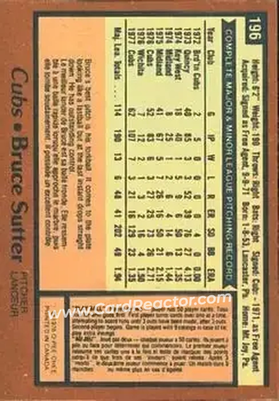 1978 O-Pee-Chee #196 - Bruce Sutter - Chicago Cubs