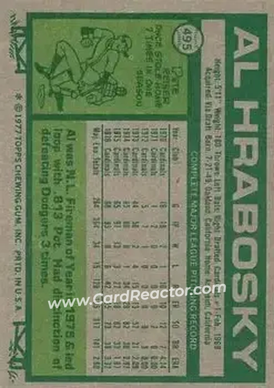 1977 Topps #495 - Al Hrabosky - St. Louis Cardinals