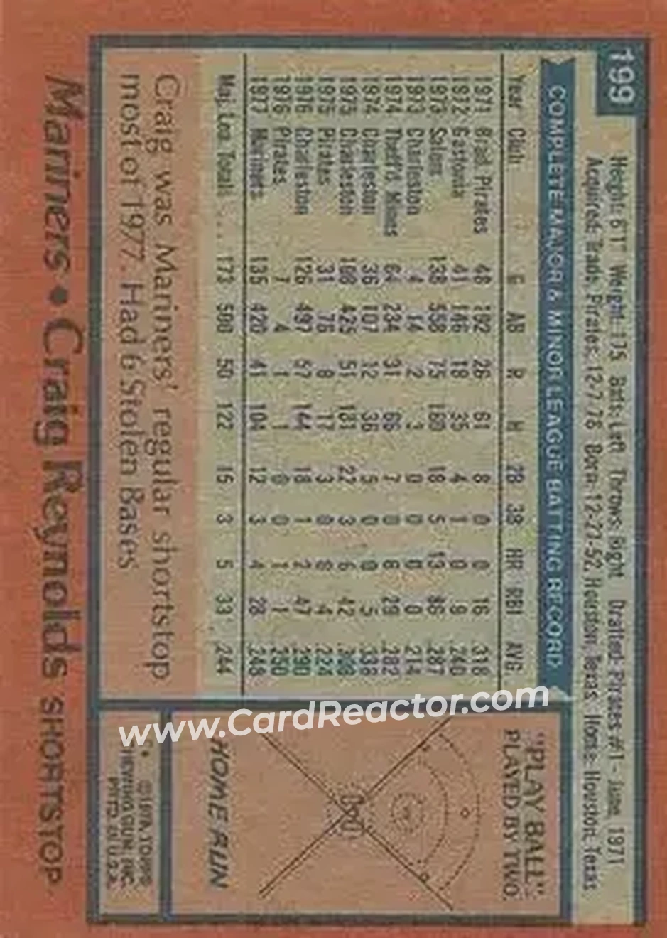 1978 Topps #199 - Craig Reynolds - Seattle Mariners