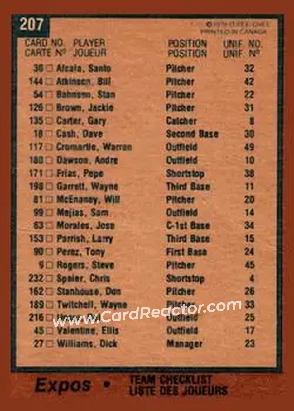 1978 O-Pee-Chee #207 - Card #207 - Montreal Expos
