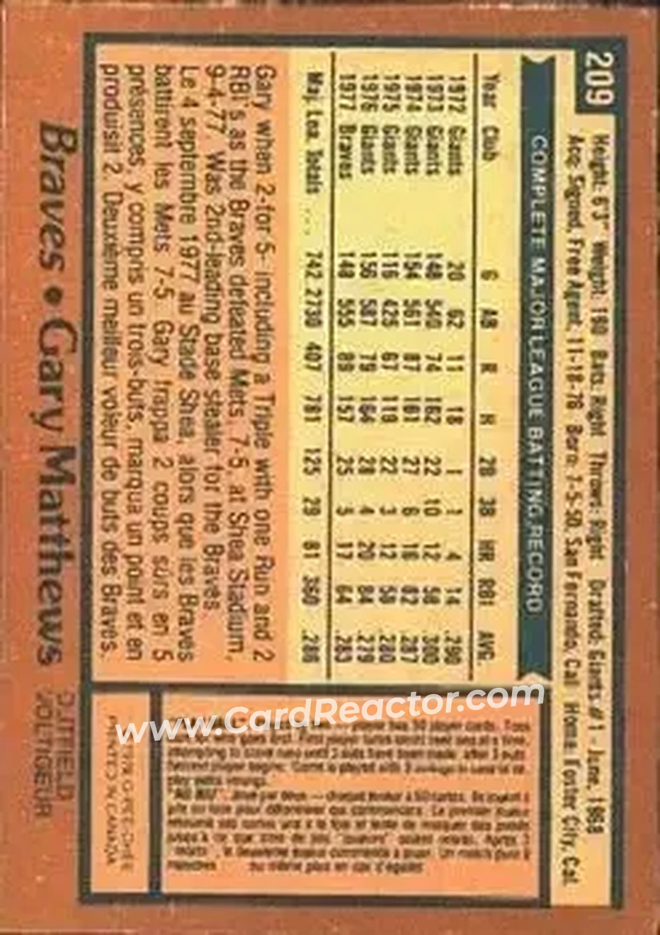 1978 O-Pee-Chee #209 - Gary Matthews - Atlanta Braves