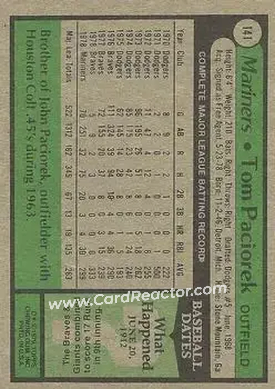 1979 Topps #141 - Tom Paciorek - Seattle Mariners