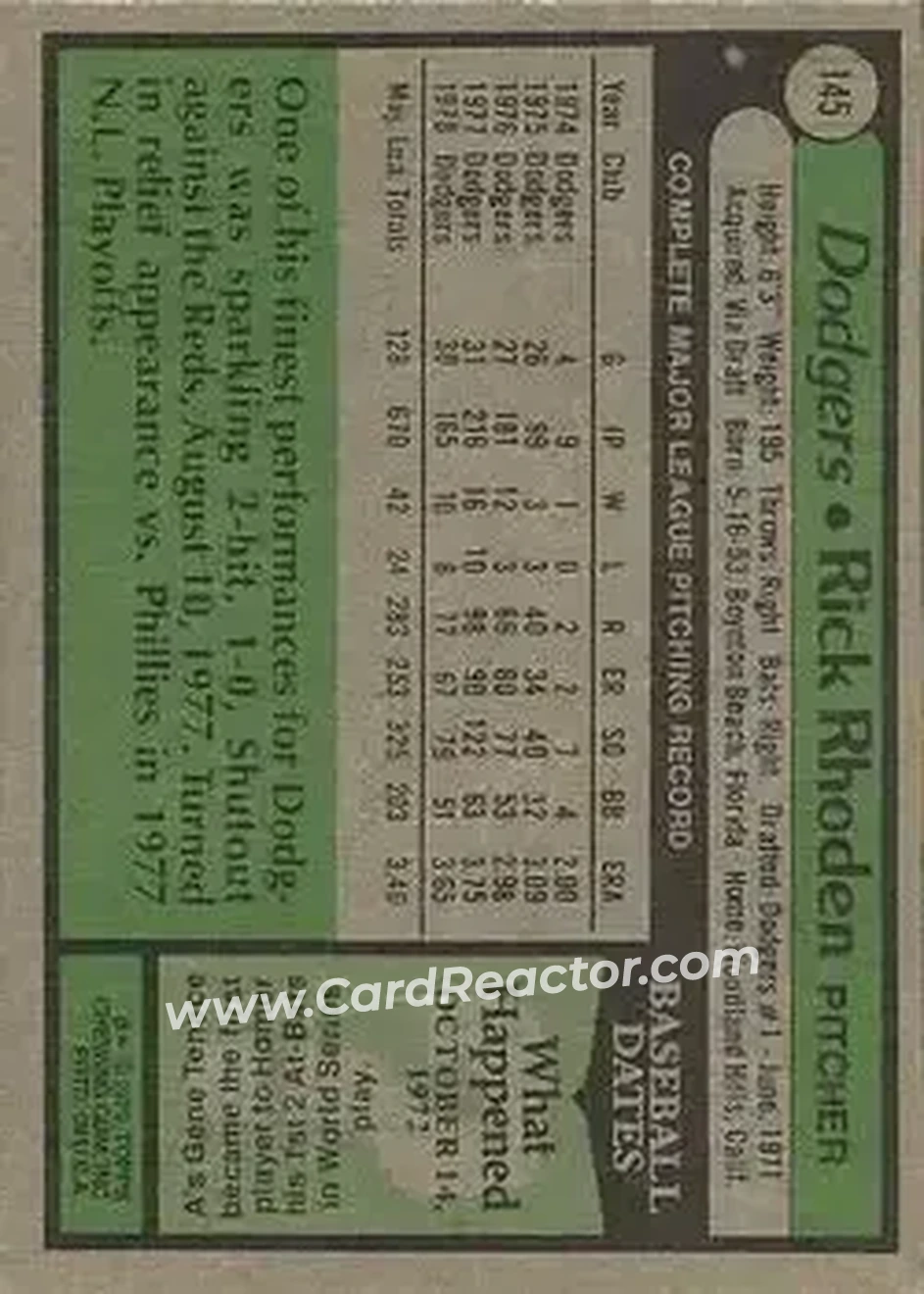 1979 Topps #145 - Rick Rhoden - Los Angeles Dodgers