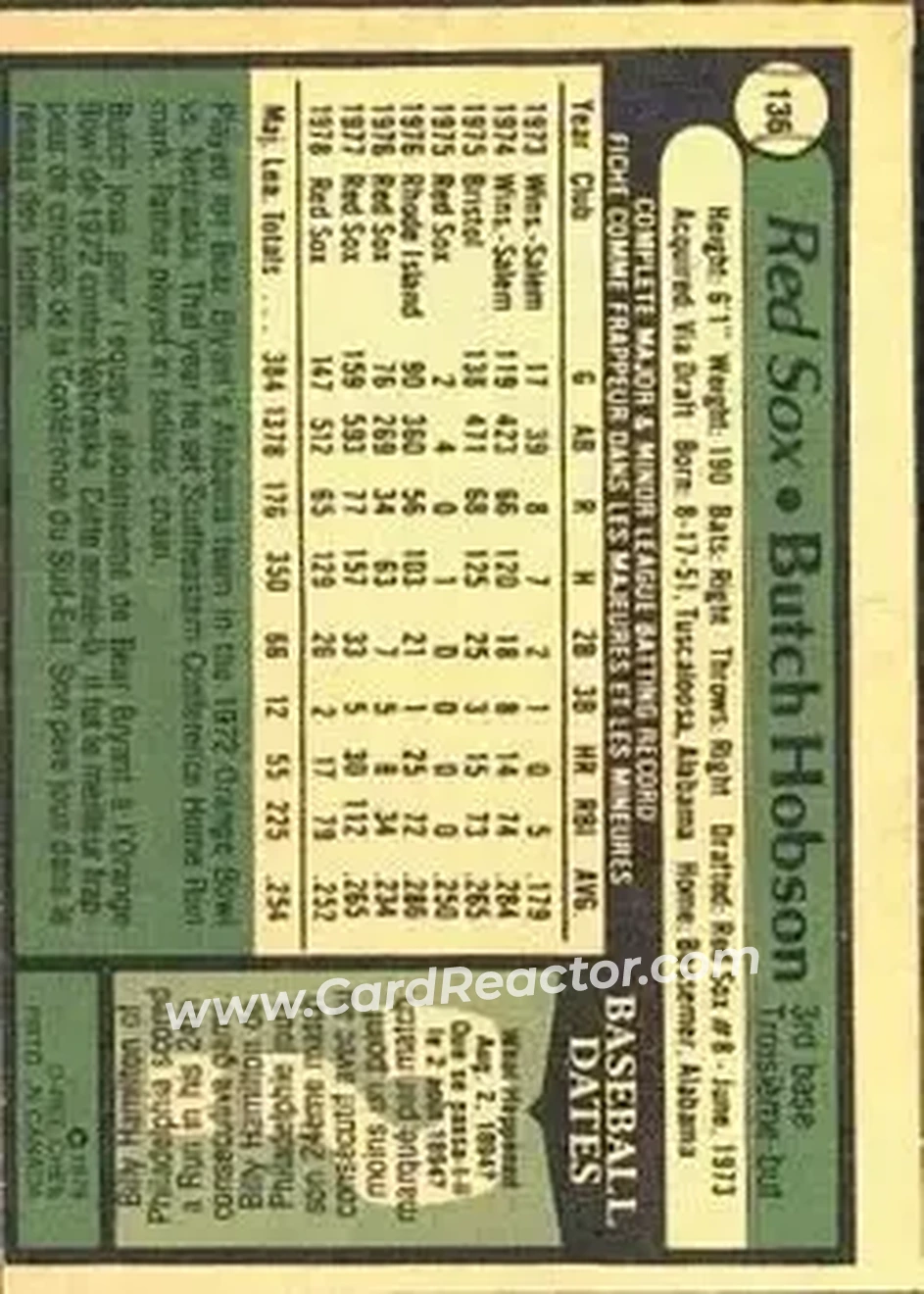 1979 O-Pee-Chee #136 - Butch Hobson - Boston Red Sox