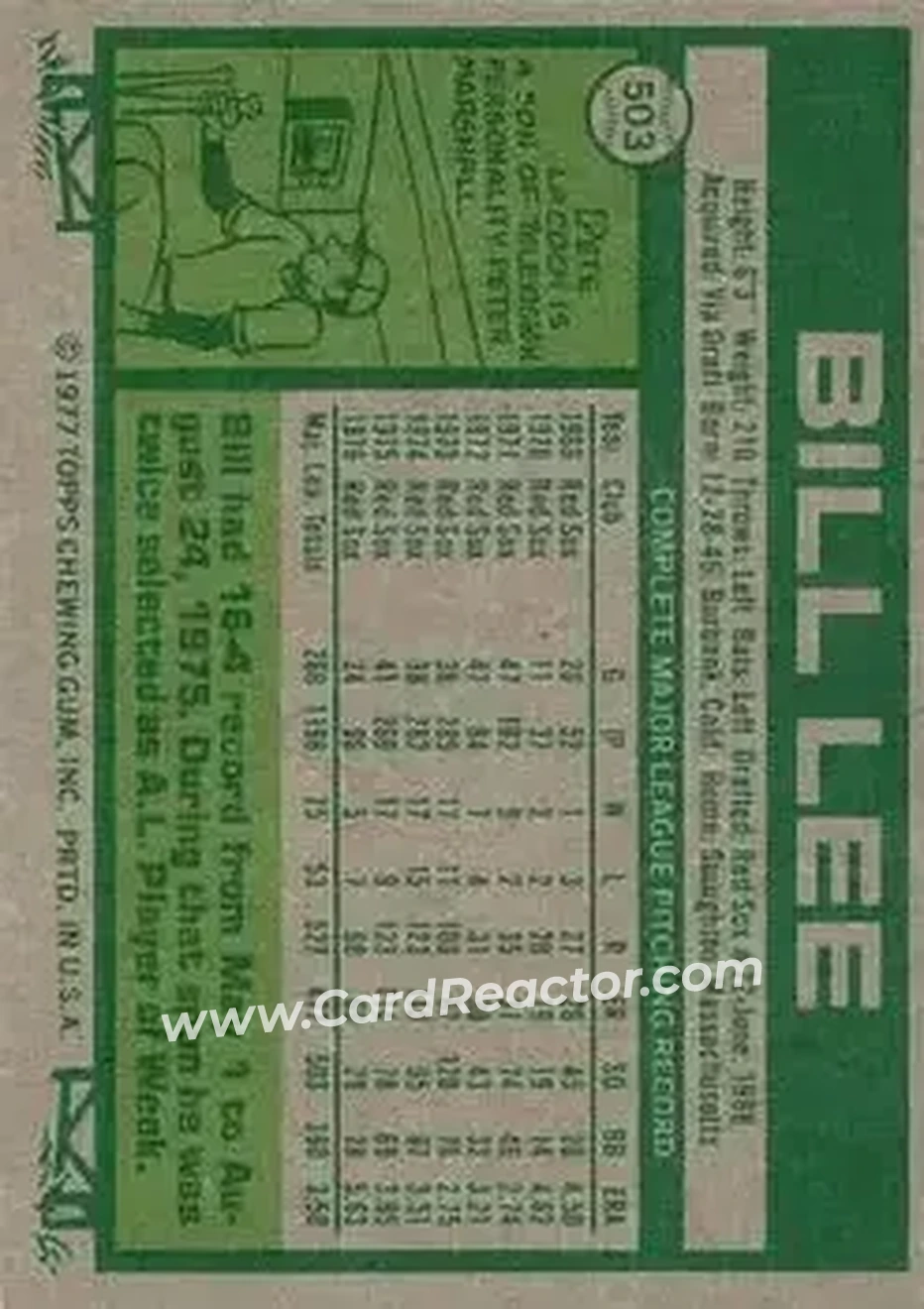 1977 Topps #503 - Bill Lee - Boston Red Sox
