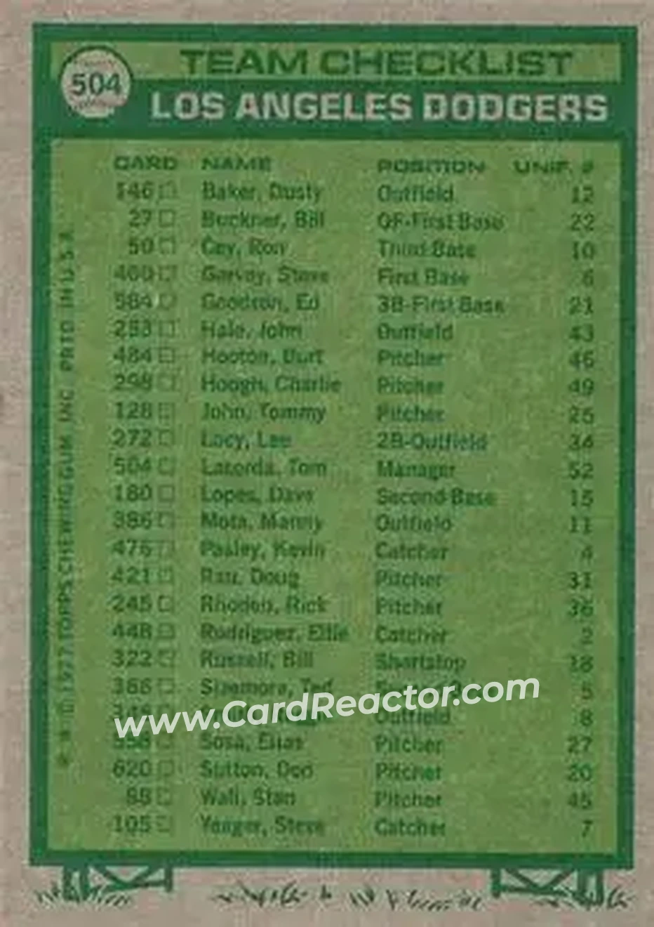 1977 Topps #504 - Card #504 - Los Angeles Dodgers