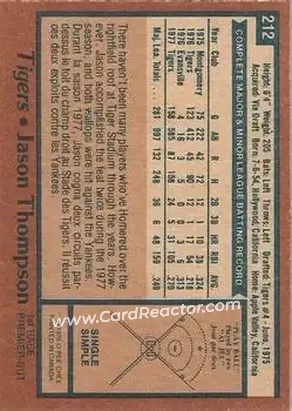 1978 O-Pee-Chee #212 - Jason Thompson - Detroit Tigers