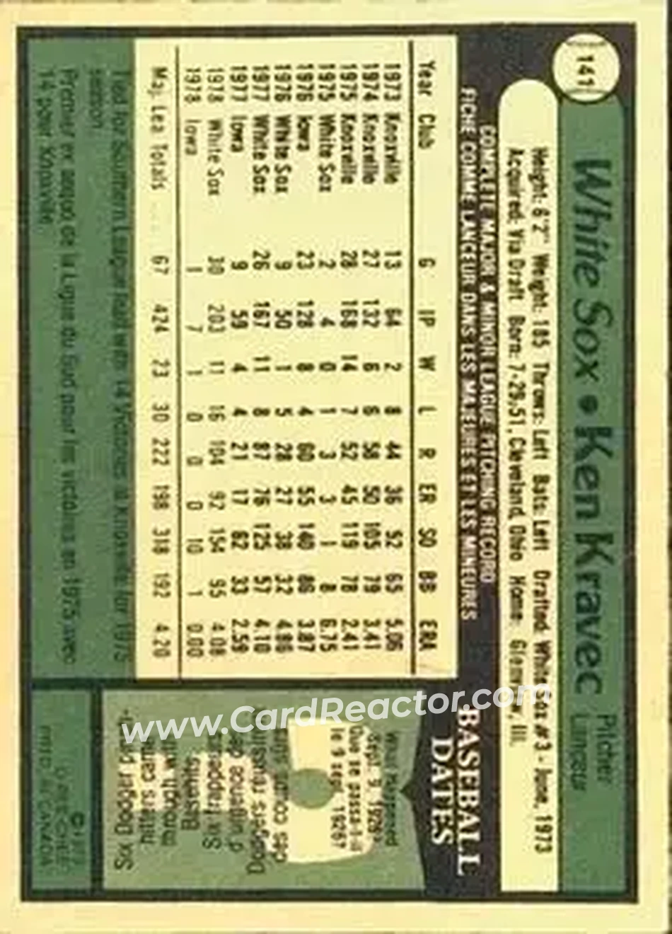 1979 O-Pee-Chee #141 - Ken Kravec - Chicago White Sox