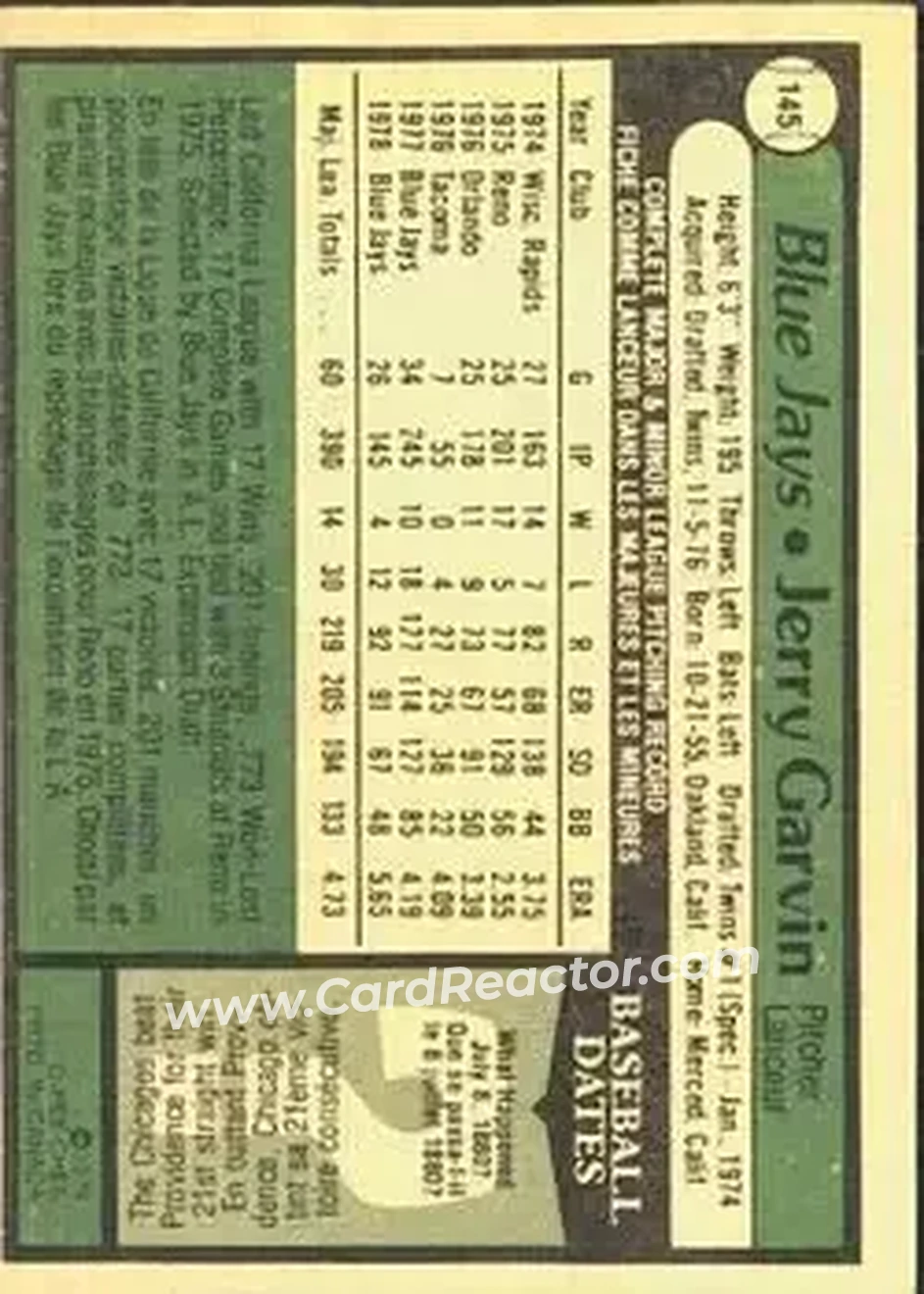 1979 O-Pee-Chee #145 - Jerry Garvin - Toronto Blue Jays