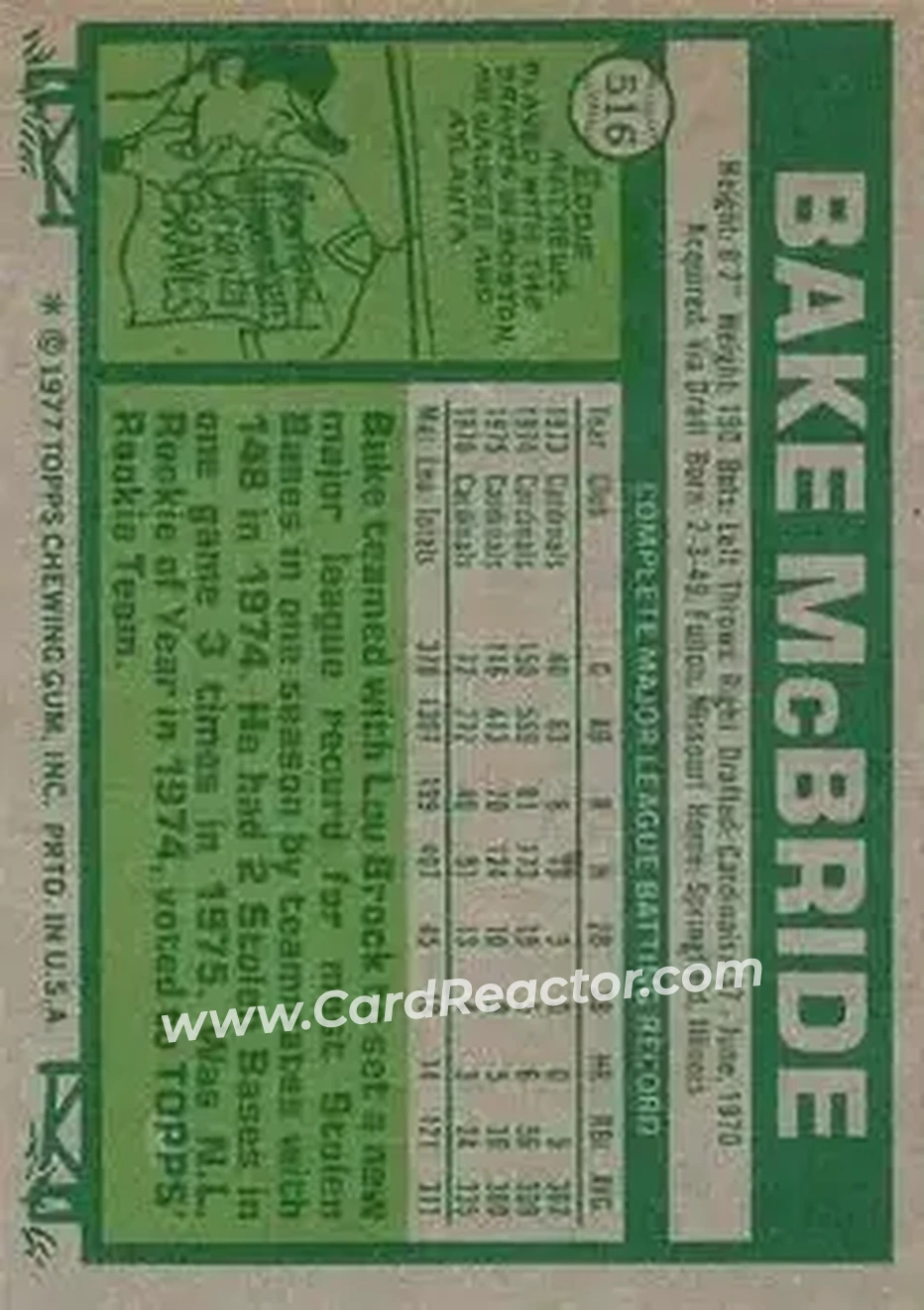 1977 Topps #516 - Bake McBride - St. Louis Cardinals