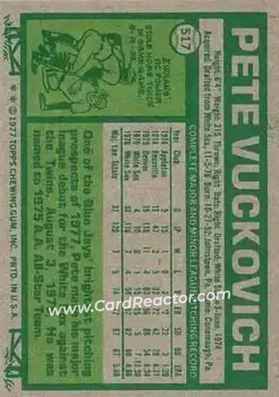 1977 Topps #517 - Pete Vuckovich - Toronto Blue Jays