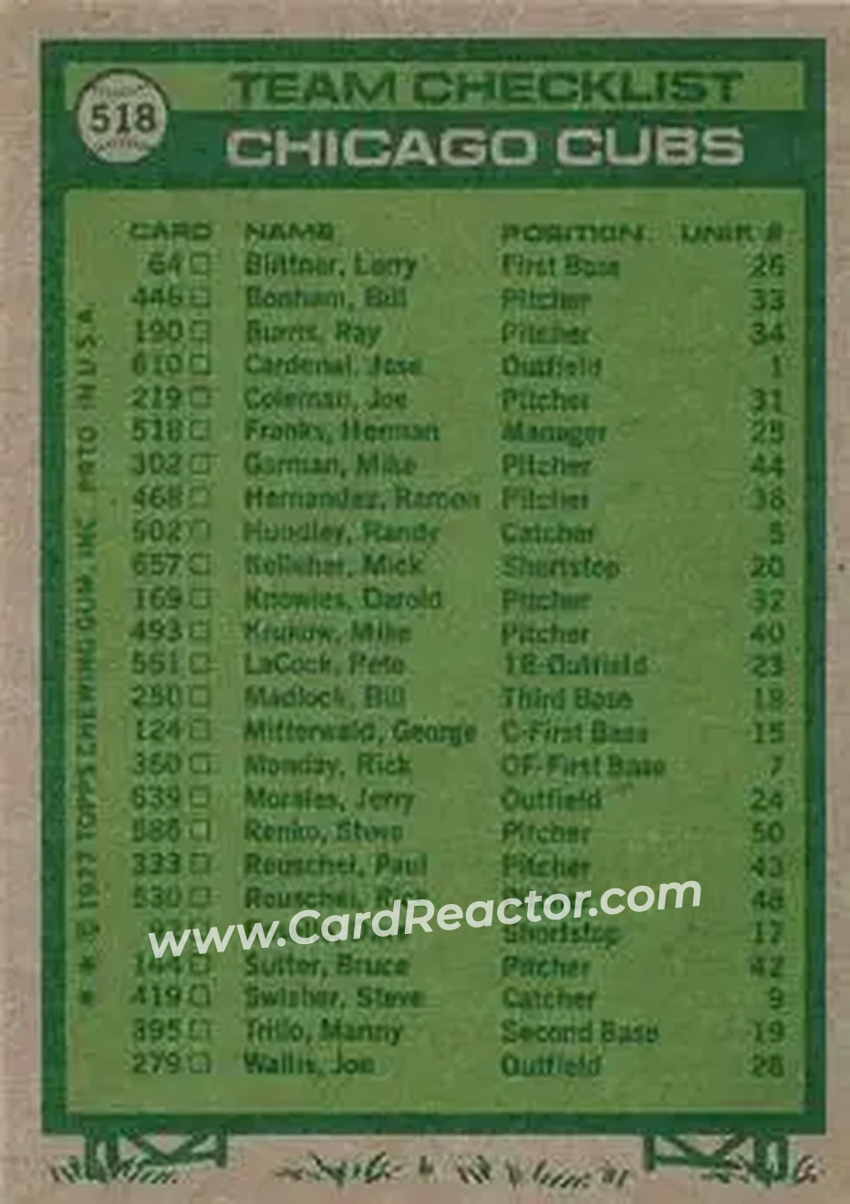 1977 Topps #518 - Card #518 - Chicago Cubs