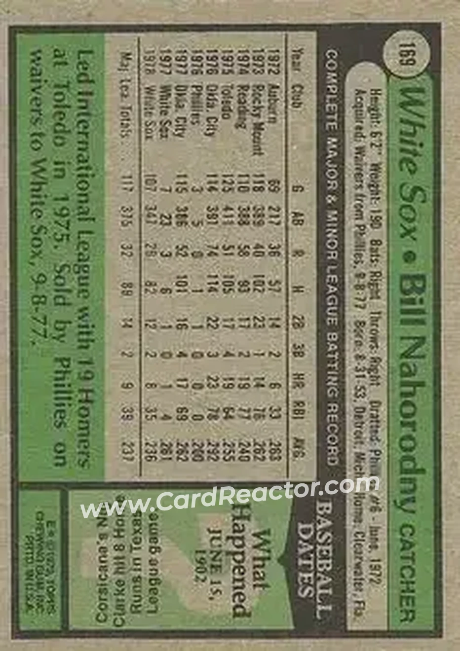 1979 Topps #169 - Bill Nahorodny - Chicago White Sox