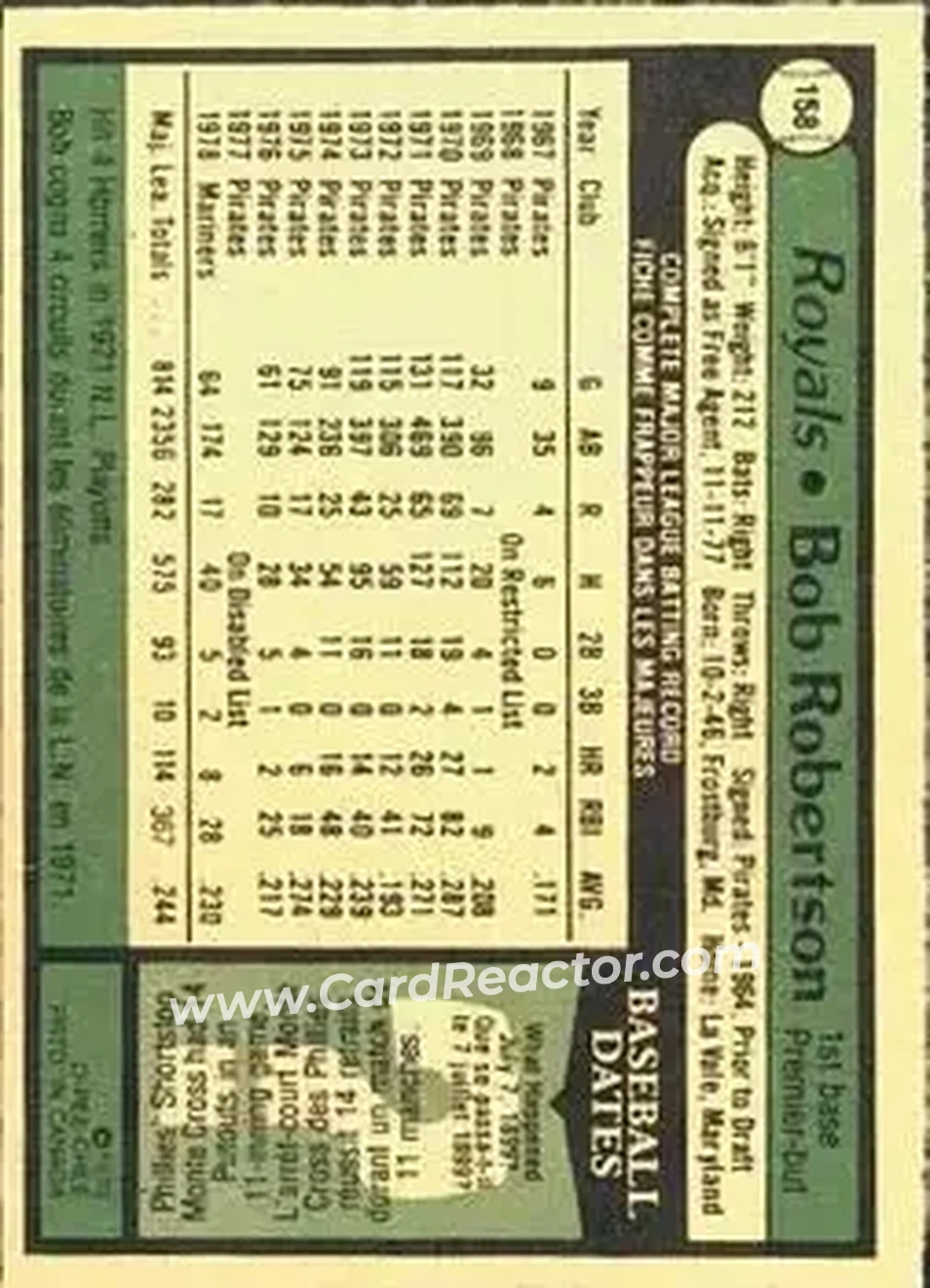 1979 O-Pee-Chee #158 - Bob Robertson - Kansas City Royals