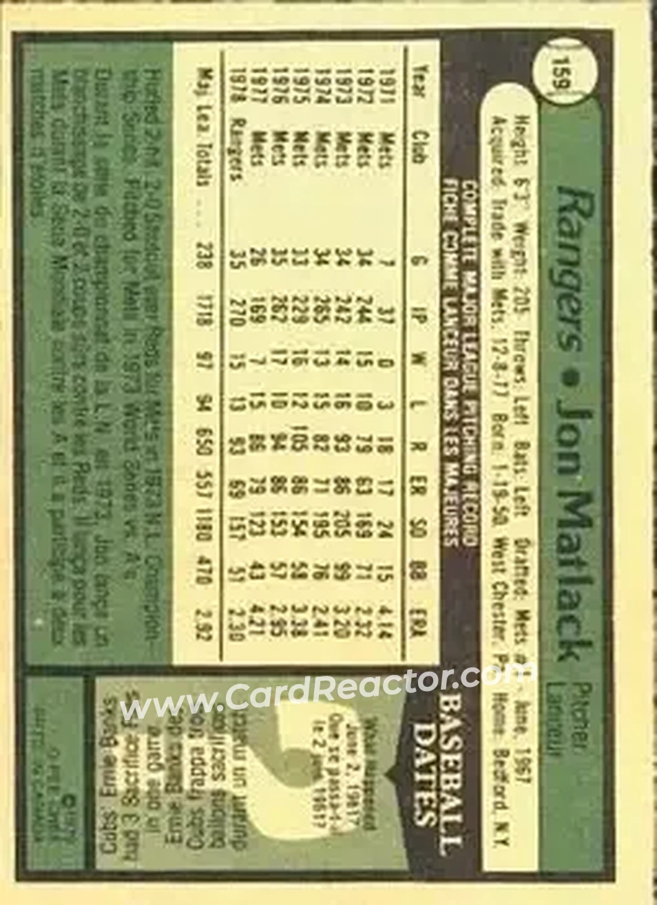 1979 O-Pee-Chee #159 - Jon Matlack - Texas Rangers