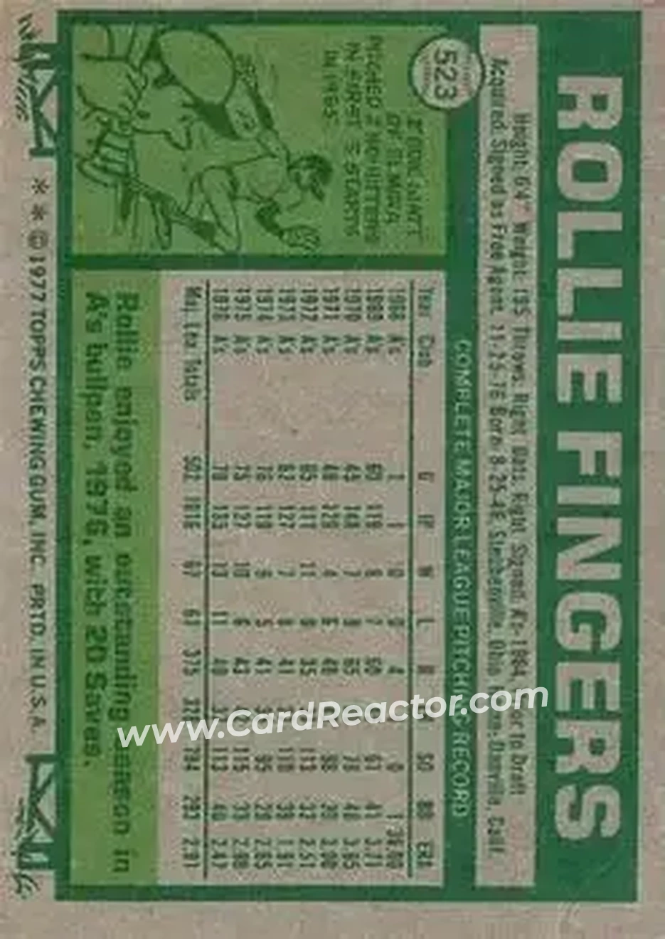 1977 Topps #523 - Rollie Fingers - San Diego Padres