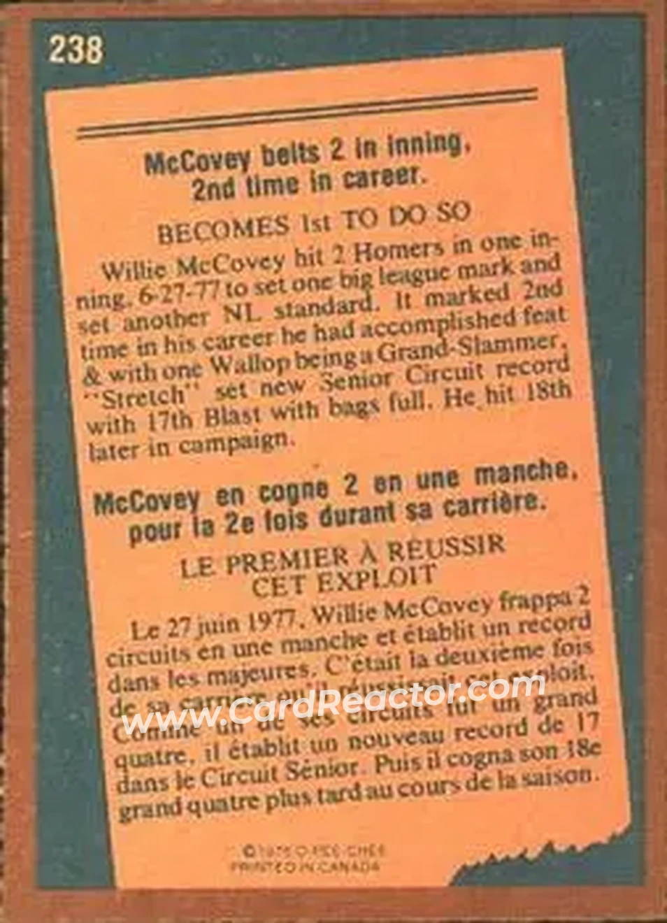 1978 O-Pee-Chee #238 - Willie McCovey - San Francisco Giants