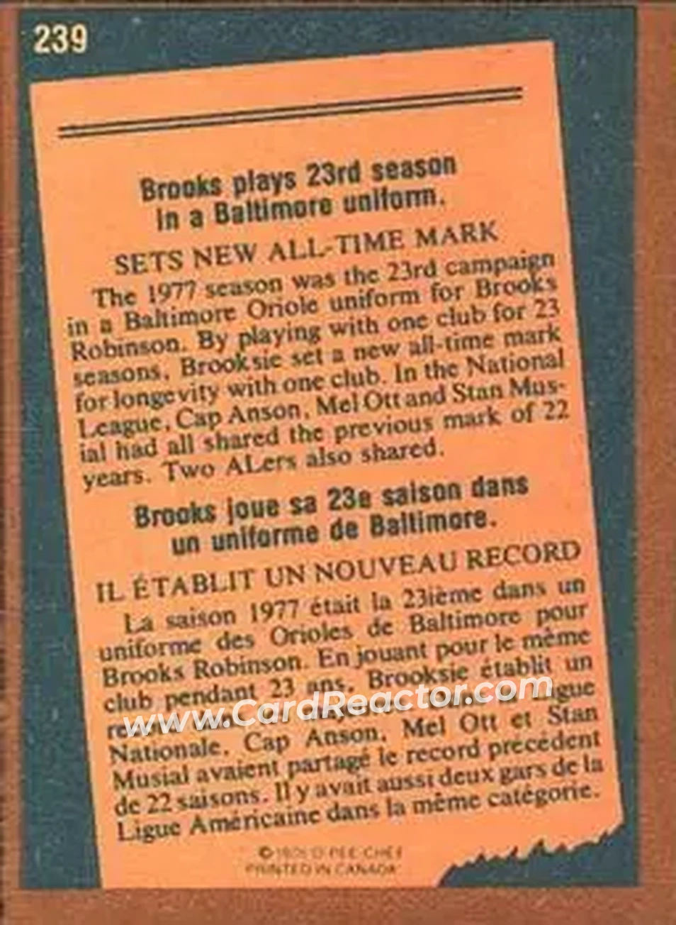 1978 O-Pee-Chee #239 - Brooks Robinson - Baltimore Orioles
