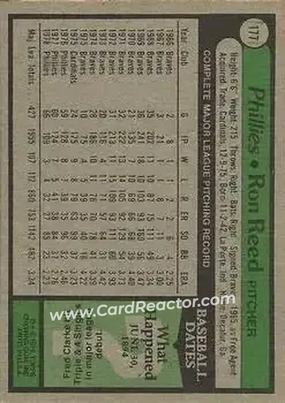 1979 Topps #177 - Ron Reed - Philadelphia Phillies
