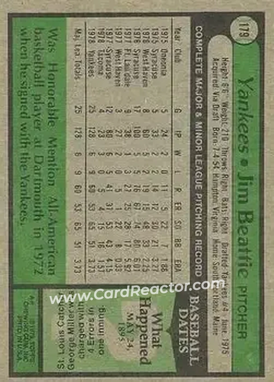 1979 Topps #179 - Jim Beattie - New York Yankees