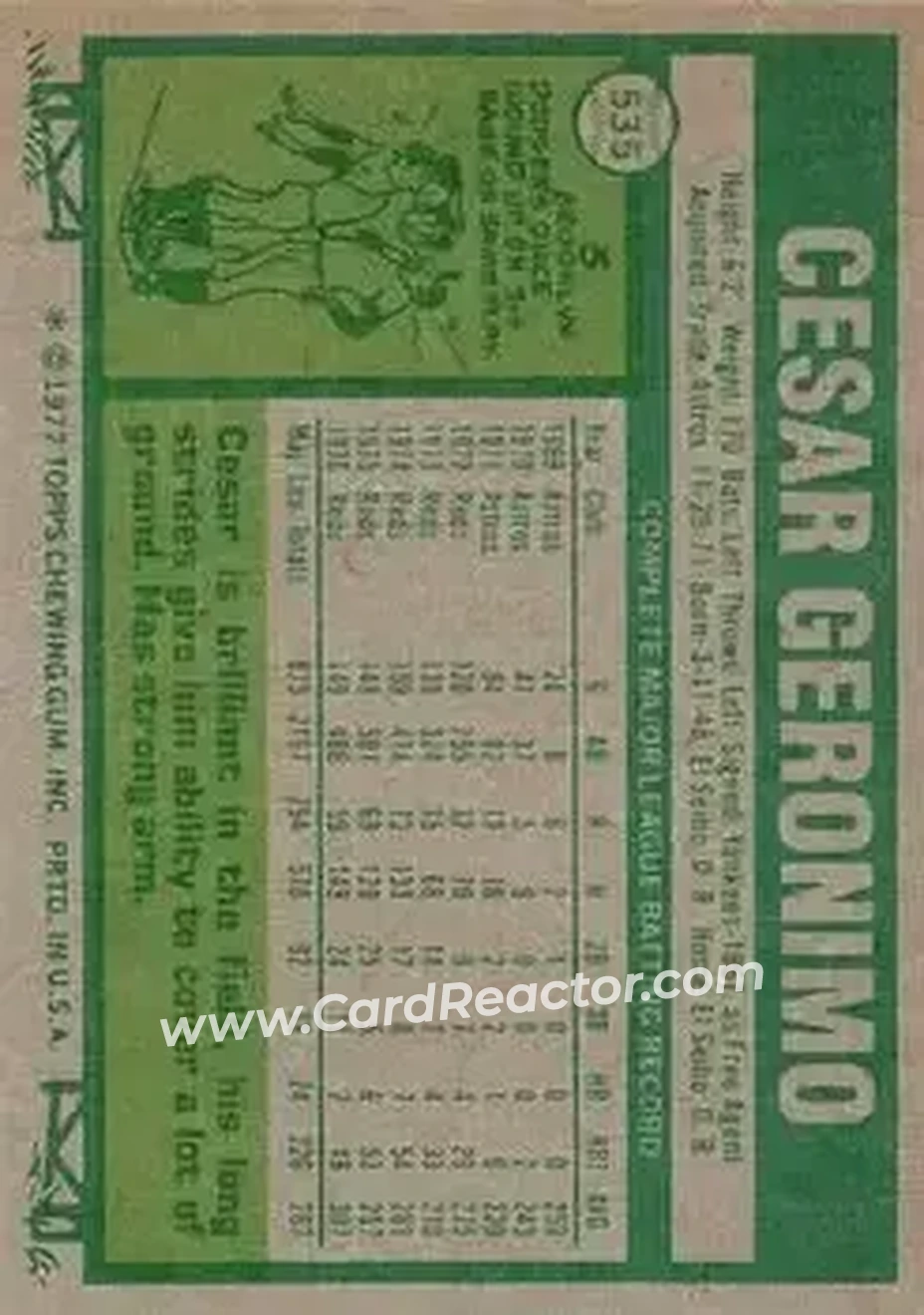1977 Topps #535 - Cesar Geronimo - Cincinnati Reds